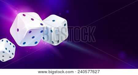 Shiny Background With Three White Game Dices And Copy Space On Dark Blue. Casino Gambling. Poker, Ta