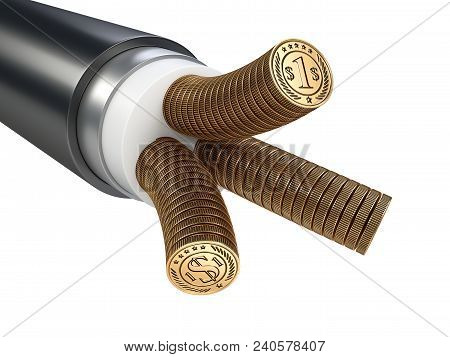 The Cable Is Electric. Conductors Made From Coins. Tariffs For Electricity. 3d Illustration.