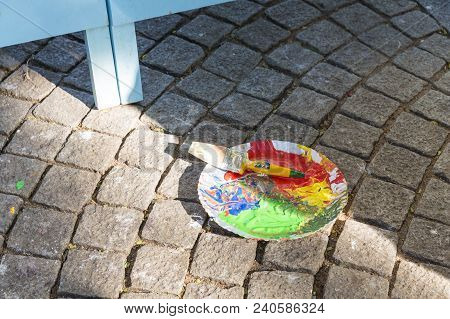 Acrylic Colours On Plate With Paining Brushes For Art Work. Colours Colored Colorful