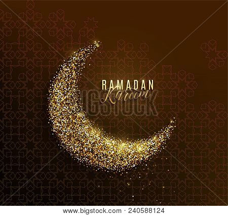 Ramadan Kareem Greeting Concept Islamic Crescent, Golden Paper Moon, Text Lettering Sign, Arabian Pa