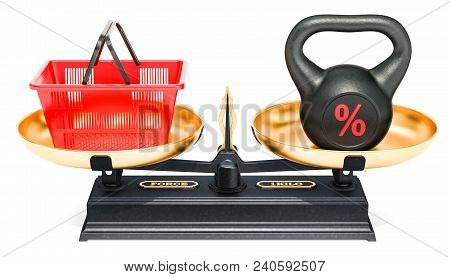 Balance Concept, Shopping Basket And Percent Of Discount. 3d Rendering
