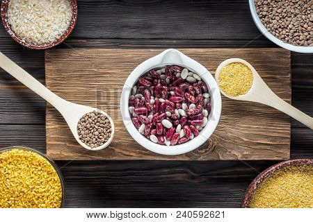 Set Traditional Organic Vegan Ingredient Super Food In Middle East And Asian Cooking Cereals Red Len