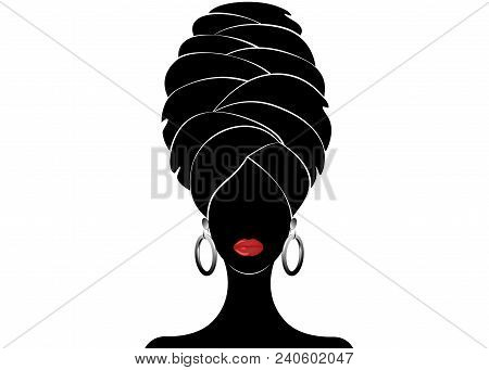 Portrait Beautiful African Woman In Traditional Turban, Black Women Vector Silhouette Isolated , Hai