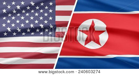 Usa And North Korea. Flags Of The United States Of America And North Korea Are Glued Together. Relat