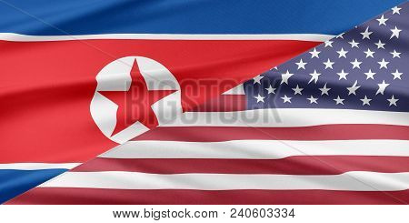 Usa And North Korea. Flags Of The United States Of America And North Korea Are Glued Together. Relat