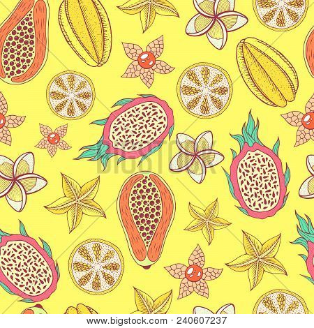 Tropical Fruit Seamless Pattern With Yellow Background. Colorful Graphic Food Background For Textile