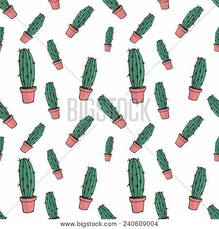 Home Green Cactus In Brown Pot In Doodle Style, Flat Cartoon Colors, Seamless Pattern Isolated On Wh