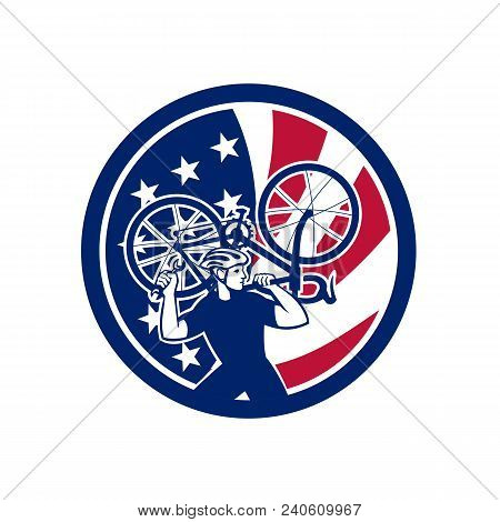 Icon Retro Style Illustration Of An American  Bike Mechanic Lifting Road Bicycle  With United States