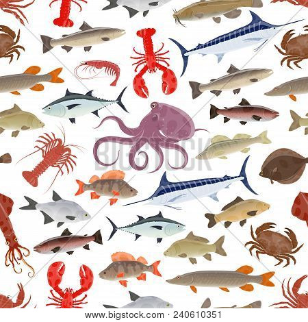 Fish And Seafood Seamless Pattern Background With Sea And Ocean Animal. Salmon, Crab And Octopus, Sh