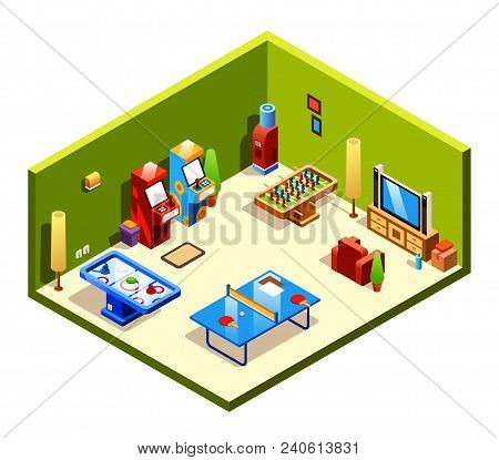Vector Isometric Cross Section Recreation Room With Entertainment And Amusements - Table Tennis Or P