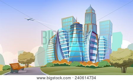 Cityscape Vector Cartoon Background. Panorama Of Modern City With High Skyscrapers And Park, Downtow