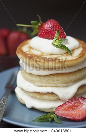Dessert Pancakes With Cream And Strawbery. Health Breakfast Fruit Berry