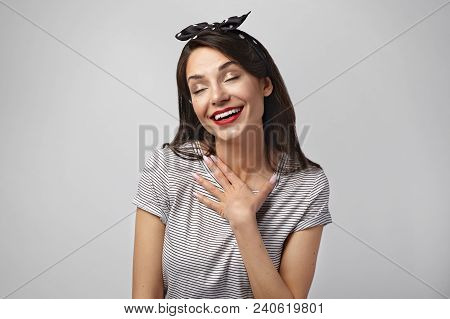 Sincere Girl Keeping Hand On Chest, Expressing Gratitude And Appreciation, Feeling Thankful, Showing