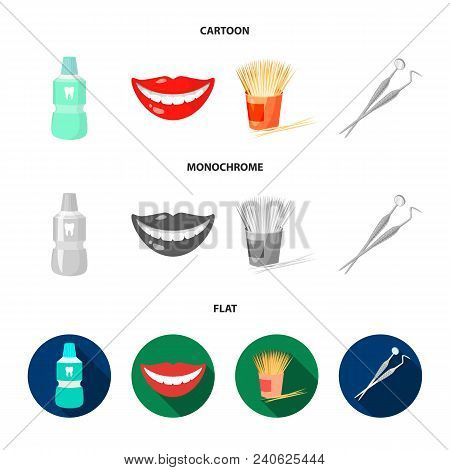 Dental Sterile Liquid In The Jar, Lips, Teeth, Toothpicks In The Jar, Medical Instruments For The De