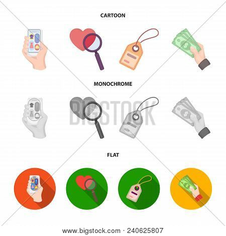 Hand, Mobile Phone, Online Store And Other Equipment. E Commerce Set Collection Icons In Cartoon, Fl