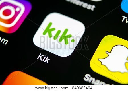 Sankt-petersburg, Russia, May 10, 2018: Kik Messenger Application Icon On Apple Iphone X Screen Clos