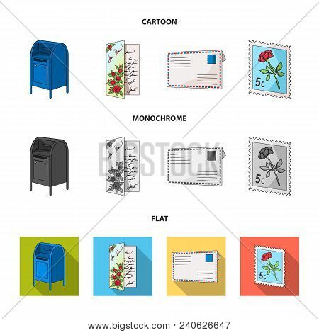 Mailbox, Congratulatory Card, Postage Stamp, Envelope.mail And Postman Set Collection Icons In Carto
