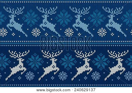 Winter Holiday Seamless Knitting Pattern With Christmas Reindeer And Snowflakes. Wool Knitted Sweate