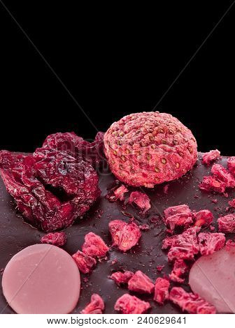 Strawberry Chocolate, Macro Photo With Piece Of Strawberries And Raspberries. Strawberries And Raspb