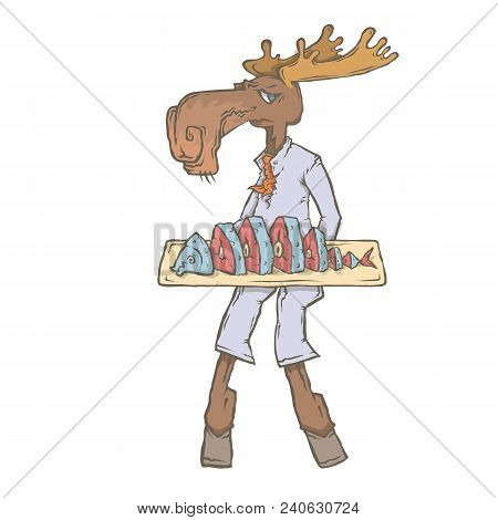 Vector Isolated Image Of The Character Of The Animal Cook. National Cuisine. Gastronomy. Elk, Scandi