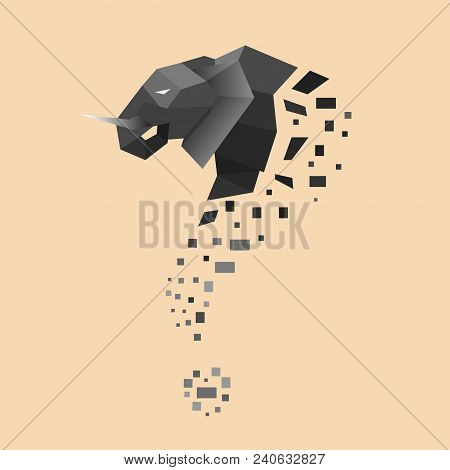 Flat Elephant Turned Into Question Sign. Low Poly Vector Illustration.
