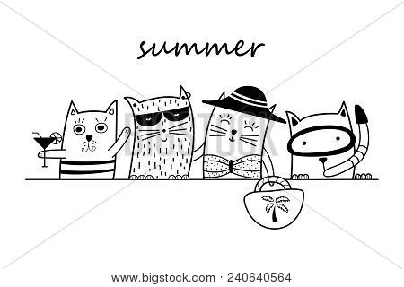 Black And White Doodle Cats. Can Be Used For School Book And Drawing Poster, T-shirt Print And Carto