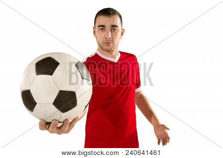 Professional Football Soccer Player In Motion Isolated White Studio Background. Fit Caucasian Man In