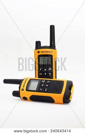 Kiev, Ukraine - April 9, 2014: Motorola Radio Set On The Light Background. Concept Of Wireless Commu