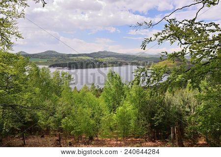 Machovo Jezero Lake With Doksy City On Background During Spring Windy Weather When Viewed From Borny