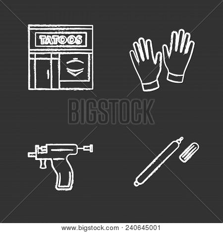 Tattoo Studio Chalk Icons Set. Piercing Service. Tattoo Parlour Exterior, Medical Gloves, Piercing G