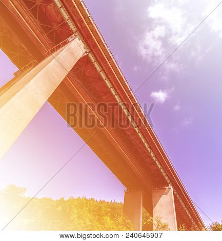 Highway Bridge With Supports, Straight Autostrada, Bottom View