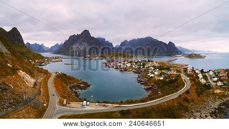 Aerial View Of Mount Olstind And Reine Fishing Village On Lofoten Islands In Norway.