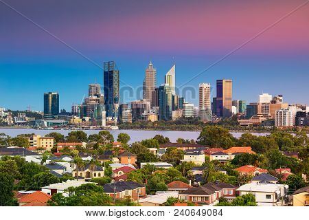 Perth. Cityscape Image Of Perth Skyline, Australia During During Sunrise Taken From South Perth.