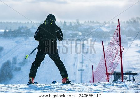 Men Go Skiing On Snow In The Mountains. Winter Nature. The Man Rides At Speed On Snow. Mountain For 