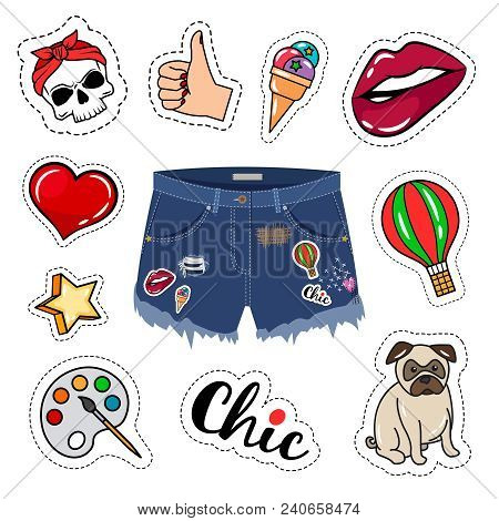 Trendy Shorts. Chic Woman Denim Short Trousers, Girl Model Ripped Jeans Shorts Isolated On White Bac