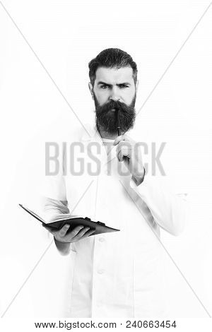 Bearded Man, Long Beard. Brutal Caucasian Doctor Or Unshaven Hipster, Postgraduate Student Holding N