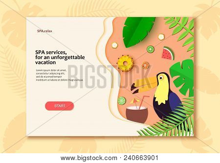 Vector Tropical Plants Citrus Fruit, Toucan Banner In Trandy Paper Cut Style. Exotic Floral Design F