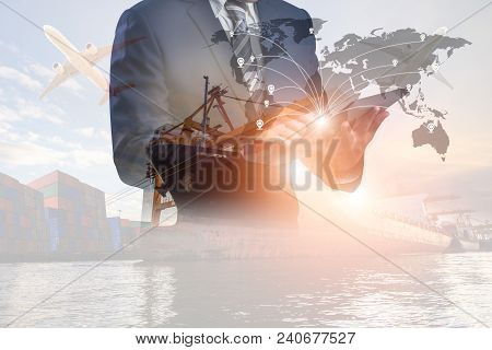 Logistics And Transportation Of Container Cargo Ship And Cargo Plane With Working Crane Bridge In Sh