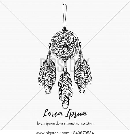 Dream Hunter Dream Catcher With Feathers  Line Doodle Hand Drawn Vector Illustration