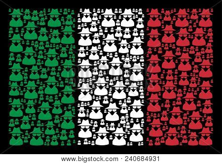 Italy Official Flag Flat Mosaic Done From Spy Icons On A Black Background. Vector Spy Symbols Are Co
