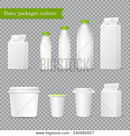 Realistic Blank Dairy Packaging From Plastic And Cardboard, Icons Set On Transparent Background Isol