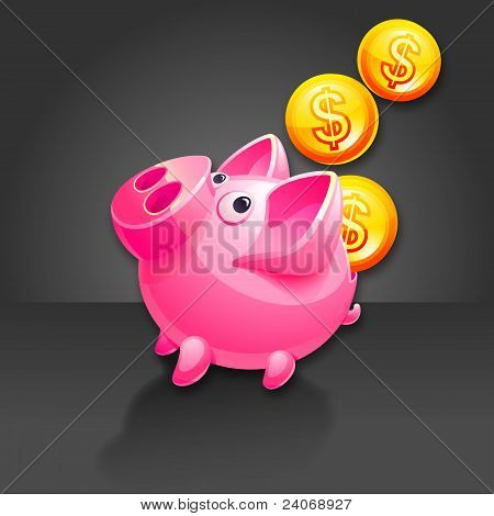 Piggy Bank And Falling Money. Pig Vector Icon. Black Background.