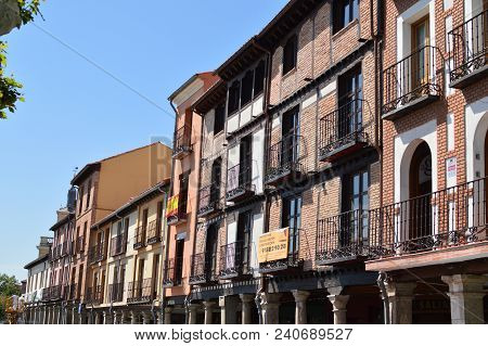 Wonderful Facades Of Houses Dating From The Middle Ages In The Main Street Of Alcala De Henares. Arc
