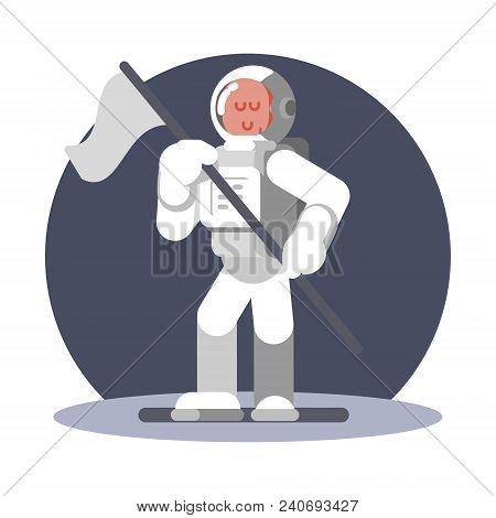 Man Cosmonaut In Helmet Standing With Flag. Vector Illustration, Eps 10