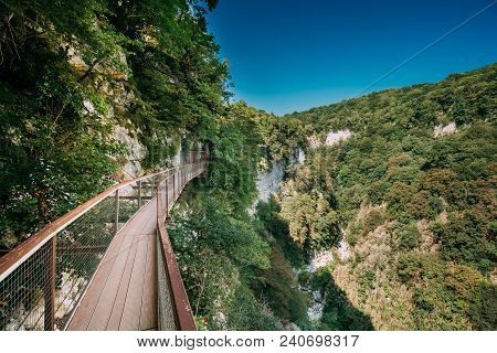 Zeda-gordi, Georgia. View Of Narrow Suspension Bridge Or Pendant Road Up To 140 Meters Above Precipi