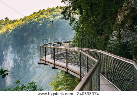 Zeda-gordi, Georgia. View Of Narrow Suspension Bridge Or Pendant Road Up To 140 Meters Above Precipi