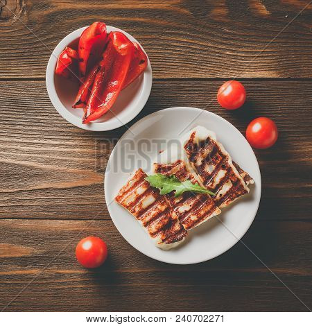 Halloumi Grilled Cheese With Grilled Bell Peppers And Tomatoes. Top View