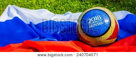 Moscow, Russia. May 13, 2018. Souvenir Ball With The Emblems Of The Fifa World Cup 2018 In Moscow, T