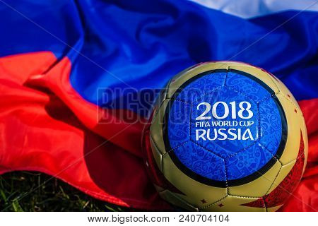 Moscow, Russia. May 13, 2018. Souvenir Ball With The Emblems Of The Fifa World Cup 2018 In Moscow, T