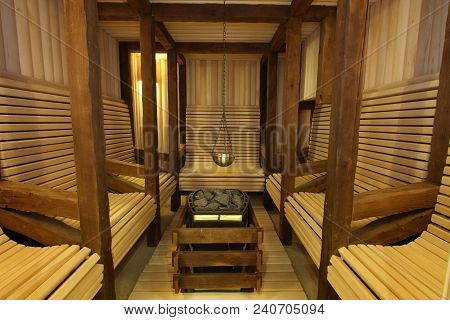Sauna Room With Traditional Sauna Accessories, Spa